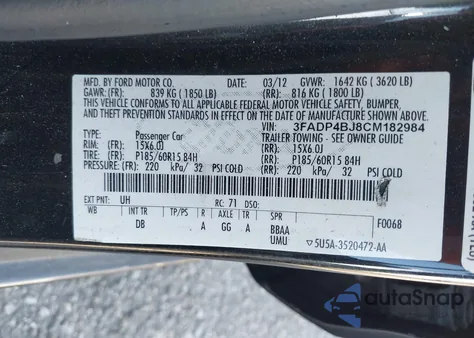 2012 Ford Fiesta Se from USA, damaged, VIN 3FADP4BJ8CM182984
